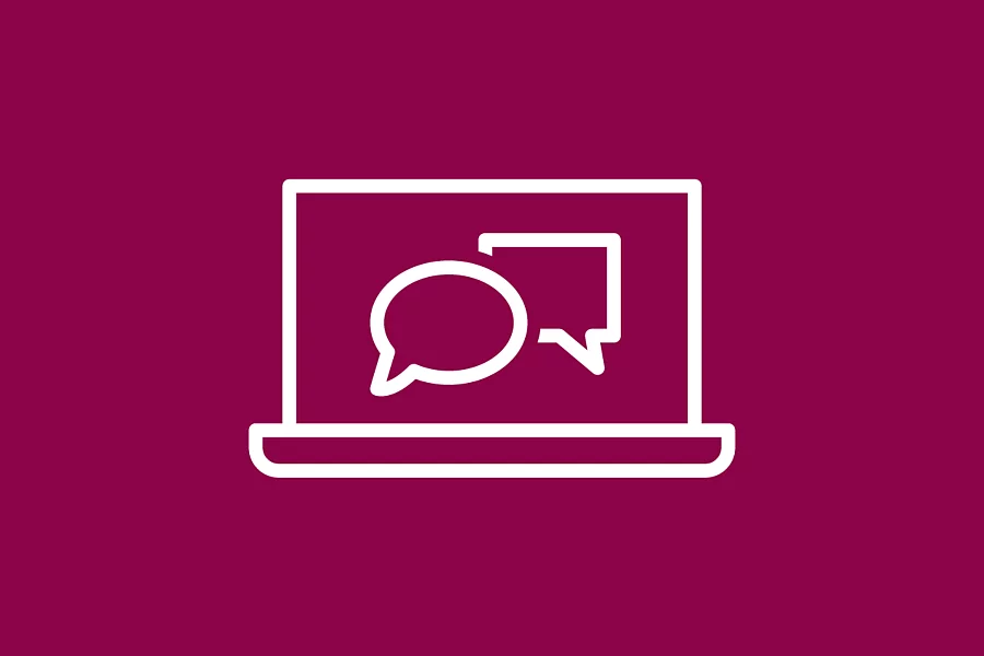 Pictograma FES reprezintă un laptop alb cu două baloane de dialog pe un fundal roșu închis