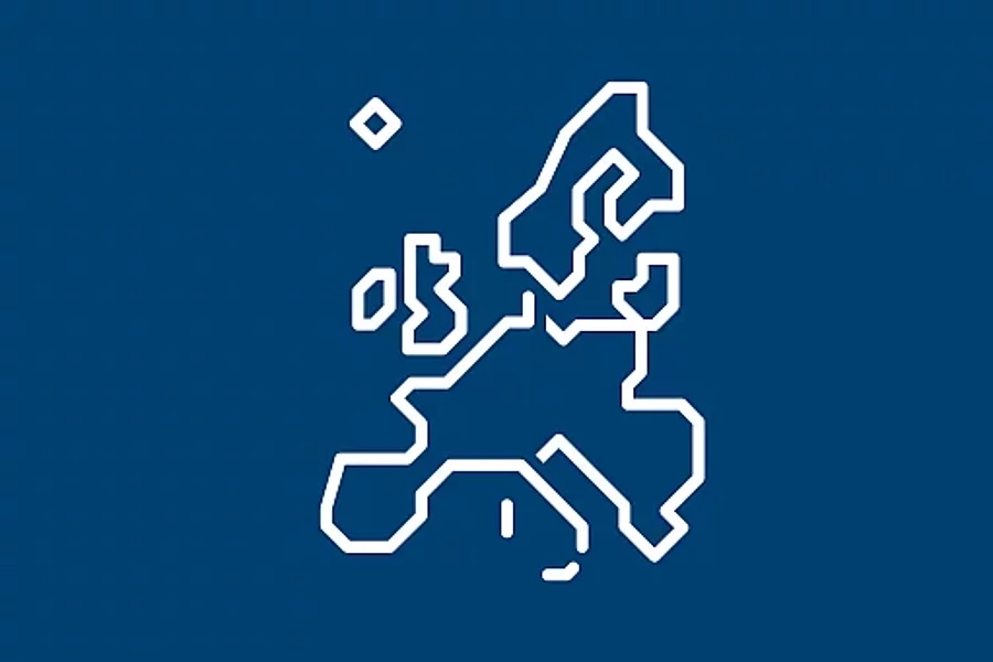 Pictograma albă FES prezintă o hartă schematică a continentului european pe un fundal albastru.